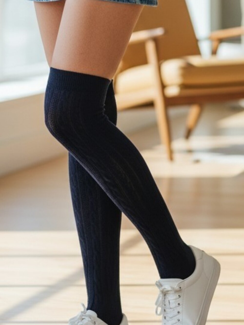 Cable-Knit Over-the-Knee Socks in Blue